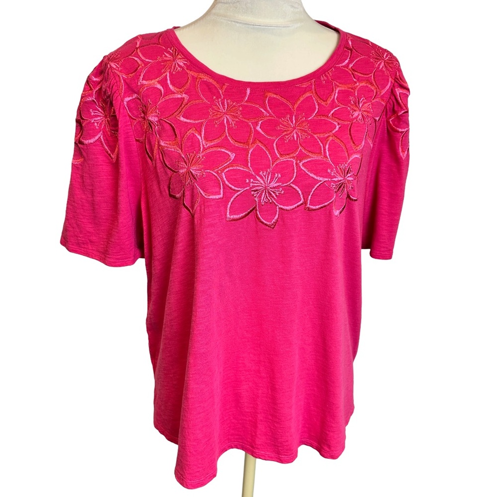 Chico's Vibrant Pink Floral  Short Sleeve‎ Top 3 XL